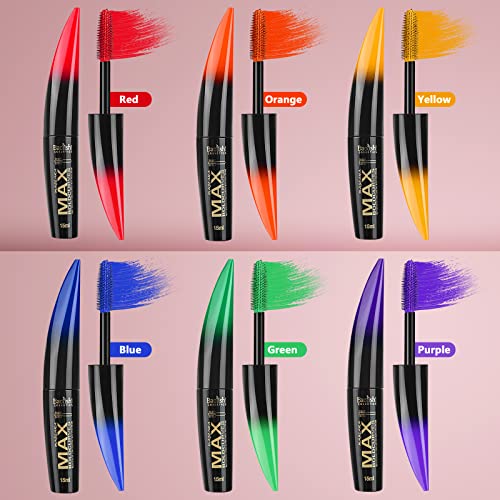 Colour Mascara Set,MKNZOME 6pcs Rainbow Colour Waterproof Mascara 4D Fiber Lash Long Lasting Thick Mascara Volume Eye lash Halloween Xmas Make Up