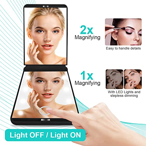 Rantizon Portable Makeup Mirror Dimmable 8 LEDs Lighted Mirror 1X & 2X Magnification Cosmetic Illuminated Handbag Mirror FoldablePocket Mirror Co