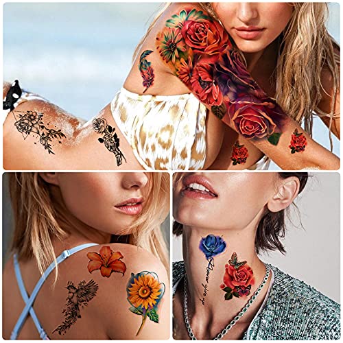 Metuu 49 Sheets Black Half Sleeve Waterproof Temporary Tattoo for Adult Men and Women, 3D Flower Animal Fake Tattoo Stickers for Teen Girls Body