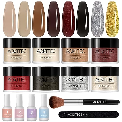 Aokitec 14Pcs Dip Powder Nail Kit Starter 8Colors Collection, Acrylic Dipping Powder Liquid Set with Base Top Coat Activator Brush Saver for Fren