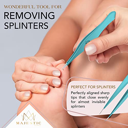 Majestic Bombay Fine Point + Slant Tweezers for Women and Men – Splinter Ticks, Facial, Brow and Ingrown Hair Removal–Sharp, Needle Nose, Surgica