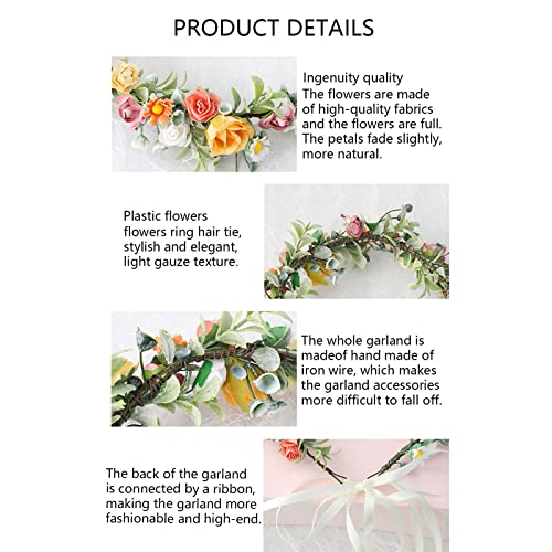 Floral Crown Headband Flower Hair Garland Headband Bridal Flower Hair Wreath Headpiece with Ribbon for Wedding Party Halloween Costume