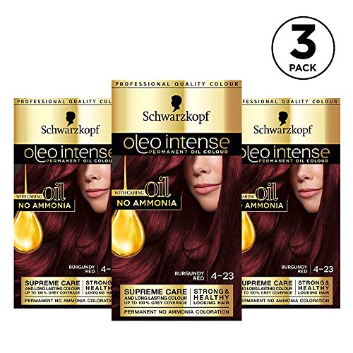 Schwarzkopf Oleo Intense Red Hair Dye, 3-Pack Permanent Oil Colour, No Ammonia, Covers Greys, Burgundy Red 4-23
