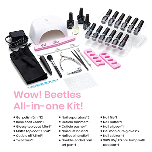 Beetles Gel Nail Polish with U V Light Starter Kit, 12 Colors Spring Pastel Gel Polish with Base Gel Top Coat Cuticle Oil, Soak Off Macaroon Gel