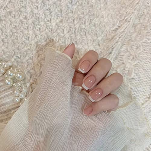 French False Nails Short, 48Pcs Nude White Fake Nails, Press on Nails with Designs, Acrylic Stick on Nails, Full Cover Artificial Nail Tips for W