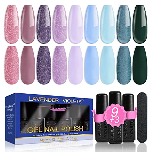 Lavender Violets 13 Pcs Gel Nail Polishes Set French Nail Art White Pink Nude 9 Colours UV LED Soak Off With Base Coat,Matte n No Wipe Top Coat N