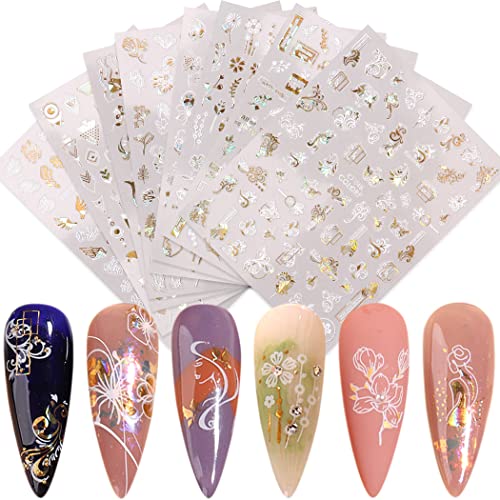 9 Sheets Spring Leaves Nail Art Stickers Decals Self-Adhesive Abstract Face Wings Eye Geometry Flowers Floral Patterns DIY Summer Design Nail Art