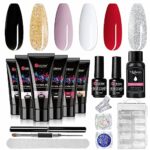 Mobray Poly Nail Gel Kit 6 Colors, 15ml Black Red Extension Nail Gel Starter Professional Kit with Slip Solution, Base Top Coat and Clips