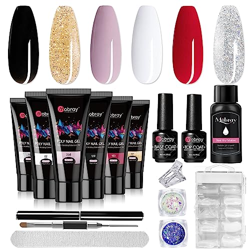 Mobray Poly Nail Gel Kit 6 Colors, 15ml Black Red Extension Nail Gel Starter Professional Kit with Slip Solution, Base Top Coat and Clips