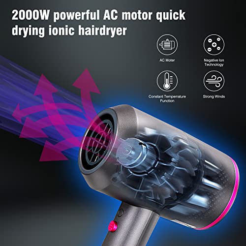Professional Hair Dryer 2000W Fast Drying Ionic Hairdryer with Diffuser Hairdryer with 2 Speeds, 3 Heating and Cool Button for Women Man Home Tra