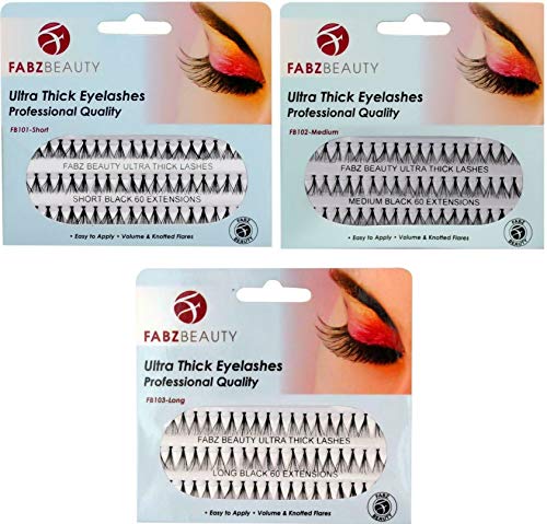 Ultra Thick Knotted Individual Cluster Eyelashes False Lashes Fabz Beauty (Pack of 3 - Long 12mm)