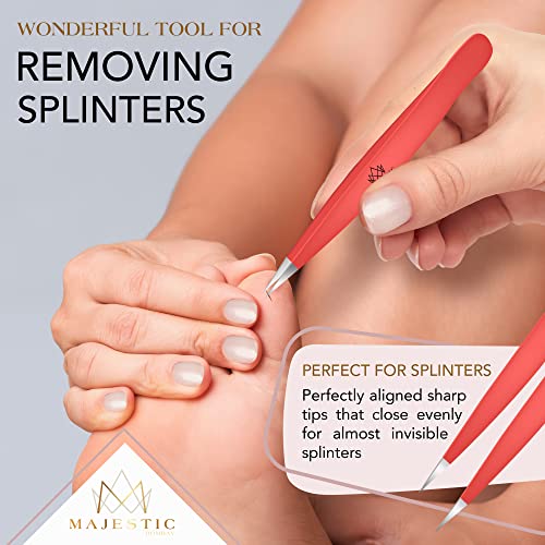 Majestic Bombay Fine Point + Slant Tweezers for Women and Men – Splinter Ticks, Facial, Brow and Ingrown Hair Removal–Sharp, Needle Nose, Surgica