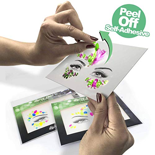 Glow in the Dark Face Jewels Stickers - Halloween temporary tattoo face gems - Luminous glow Face Gems - great with fake blood, glowsticks, glow