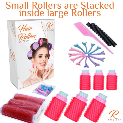 Rollicky Velcro Hair Rollers Set (32Pcs) - 18 Self Grip Velcro Hair Rollers for Hair Volume & Styling (6 Small, 6 Medium, 6 Large), 12 Duckbill H