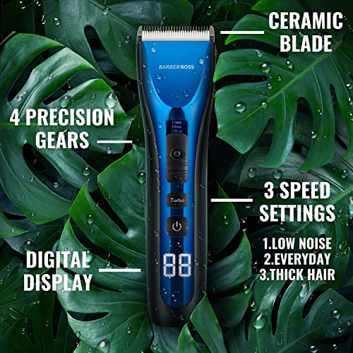 BarberBoss Professional Hair Clippers for Men Kids Family, Waterproof Hair Trimmer Cordless Rechargeable Led Display Three Speed Adjustment Elect
