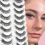 Glowingwin Cat Eye Lashes Natural Look Russian Strip Lashes D Curl Wispy Fluffy Russian Strip Lashes Hybrid Lashes 10 Pairs Pack Fake /False Lash