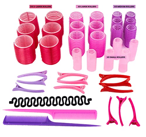 SnookBay 39 Pcs Hair Rollers Set - 24 Heatless Self Grip Velcro Curlers, 12 Duckbill Clips, 2 Combs,1 Braiding Device with Storage Bag (Rollers: