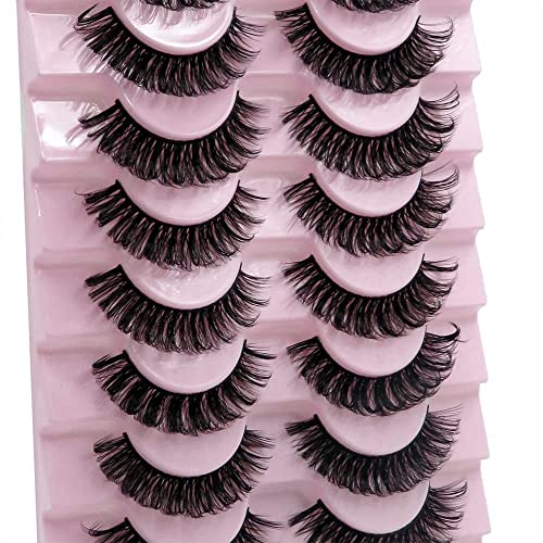 False Eyelashes Russian Strip Lashes Natural Fluffy Wispy D Curly 10 Pairs Reusable Fake Eyelashes Faux Mink Lashes Thick Short Soft Eyes Lash