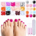 360 Pieces False Toenails Set, 15 Colours Short Square Fake Toenail Tips Full Cover Artificial Press on Toe Nails with Glue and Nail Files for Wo