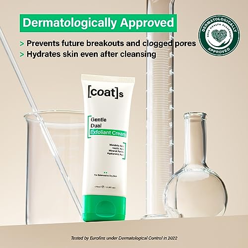 Coats Gentle Dual Exfoliant Cream Face Wash. Mandelic Acid, Lactic Acid + Hyaluronic Acid + Natural Mineral Perlite. Clinically Proven Skin Care,