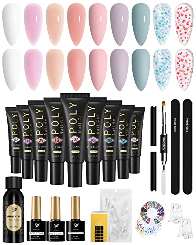 Poly Nail Gel Kit, Phoenixy 9 Colors Nail Builder Extension Gel Kit, with Slip Solution Glossy Matte Base Top Coat Exquisite Tools, Complete Nail
