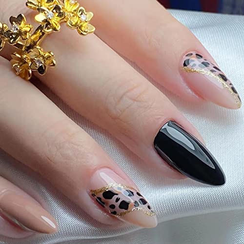 JUSTOTRY 24 Pcs Pink Press on Nails Medium, Dark Blue and White swirl Fake Nails with Designs, French Stick on Nails for Women, Acrylic False Nai