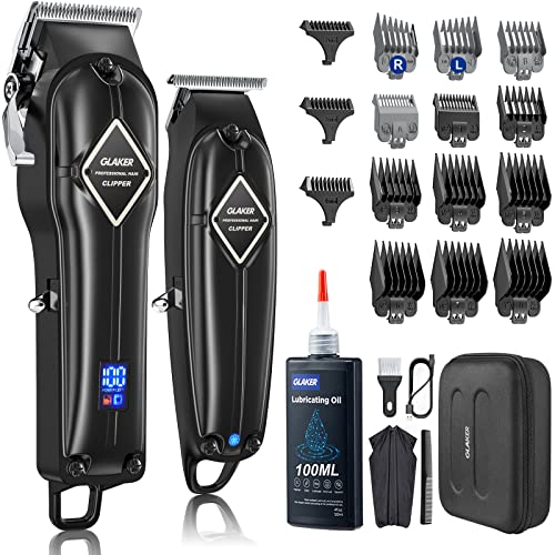 GLAKER Professional Hair Clippers Men + T-Blade Trimmer Kit - Cordless Hair Cutting Kits with 15 Guards & 100ml Blade Oil, Complete Barber Kit wi