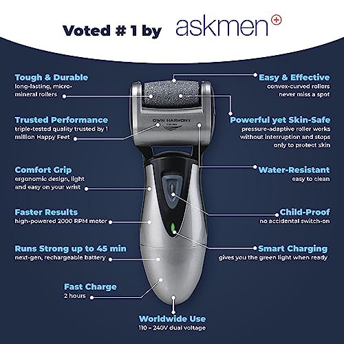 Electric Hard Skin Remover for Men by Own Harmony: USA's Best Rated Callus Remover- Rechargeable Pedicure Tools w 3 Coarse Rollers, Velvet-Smooth