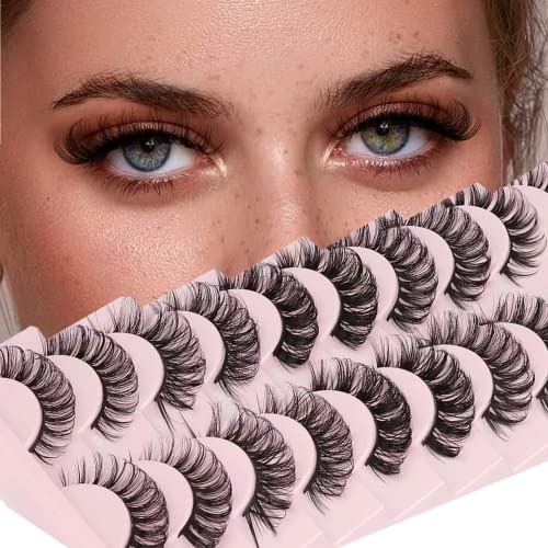 False Eyelashes Russian Strip Lashes Natural Fluffy Wispy D Curly 10 Pairs Reusable Fake Eyelashes Faux Mink Lashes Thick Short Soft Eyes Lash