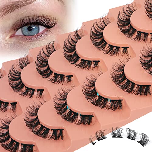 False Eyelashes Cat Eye Lashes 14mm DD Curl Russian Lashes Natural Strip Lashes Fluffy Eyelashes Russian Strip Lash Volume Fake Lashes 7 Pairs by