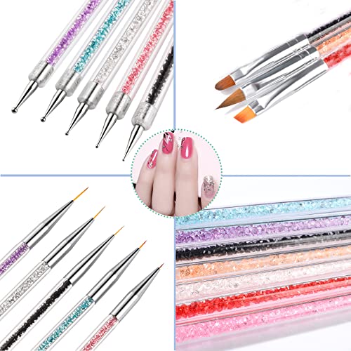 AUERVO 8PCS Nail Art Brushes, Nail Art Pens for Dotting Painting Tools Drawing Nails Brush Pen with Glitter Handle for DIY Nail Art Design