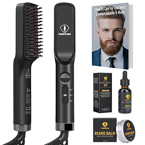Ceenwes 3 in 1 Professional Beard Straightener with Beard Oil Beard Balm Portable Hair Straightener Brush Perfect Men Gifts for Hair Styling Men’