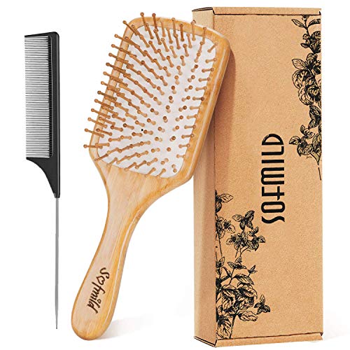 Hair Brush, Eco-Friendly Natural Wooden Bamboo Paddle Hairbrush for Long Short Curly Thick Thin Hair for Men Women Kids, Massaging Scalp, Reducin