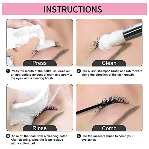Eyelash Extension Cleanser 60ml+Brush+ Mascara Wand, Mousse Eyelash Shampoo for Eyelash Extensions, Lash Cleaning Kit, Relieve Itching, Eyelash E