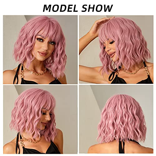 Esmee Short Wave Pink Bob Wigs With Bangs Shoulder Length Wig Curly Wavy Synthetic Cosplay Wigs for Women-12 Inches