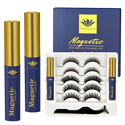 Magnetic Eyelashes Set 5 Pairs with 2 x Waterproof Magnetic Eyeliner Kit for Natural Look Reusable Easy to Set Comfortable Lashes with Tweezers M