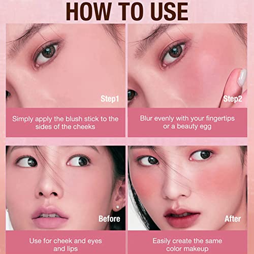 Blush Stick - Cream Blush - Waterproof Long-lasting 3-in-1 Multi-Use Blusher Contour for Lip Cheek Eye - Moisturize and Blendable Blush for Natur