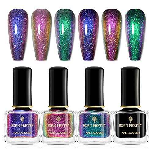 BORN PRETTY Chameleon Nail Polish Set Holographic Glitter Polish Sparkle Shimmer Nail Art Polish with Black Nail Polish Multicolored Nail Art Var