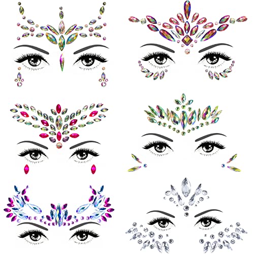 Face Gems Glitter 6PCS Festival Face Stickers Self-Adhesive Face Jewels Crystal Rhinestone Temporary Tattoo for Face Eyes Body Rave Festival Part