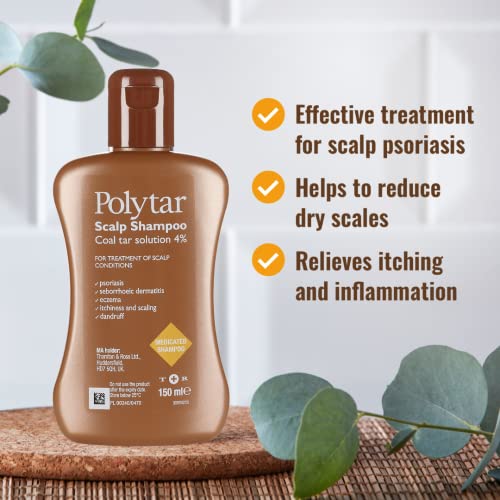Polytar Scalp Shampoo 150ml, Treats Psoriasis, Seborrhoeic Dermatitis, Eczema, and Dandruff, Soothes Itchy, Scaly Scalps, Contains Coal Tar