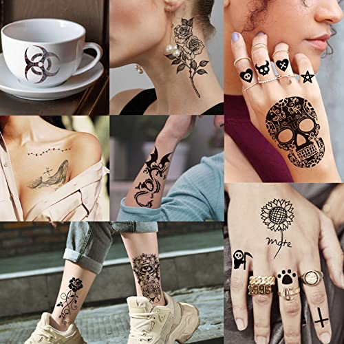 LAROI 50 Sheets Animals Black Temporary Tattoos For Men Adults Tribal Ealge Dragon Fake Small Temporary Tattoos For Women Neck Arm Thigh Flower T