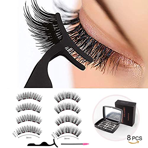 Magnetic Eyelashes Set, 2 Pair Reusable False Eyelashes with Tweezers, 8 pcs 3D individual False Eyelashes Hold without Glue for Women Makeup Nat