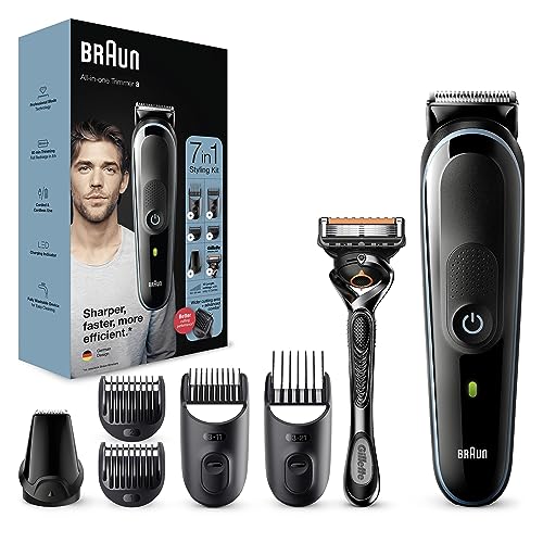 Braun All-in-one Trimmer 3 MGK3245, 7-in-1 Beard Trimmer For Men, Hair Clipper, For Face, Hair, 5 Attachments, Black/Blue, (UK 2pin plug)
