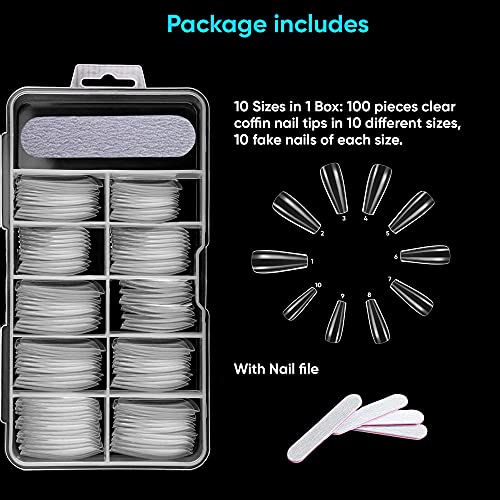 Husnshud False Nails - Set of 100 Full Cover Length Clear Nail Tips - Ballerina Fake Nails with File