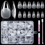Kiiwah 240 Pcs Soft Gel Full Cover Nail Tips, Pre-Buff Clear Acrylic False Nail Extensions with Glue and Box Kit for Girls Women Home DIY Manicur