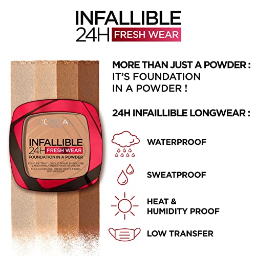L'Oréal Paris Infallible 24H Fresh Wear Foundation in a Powder, Full-coverage, Longwear, Weightless Smooth Finish, Water-proof and Transfer-proof