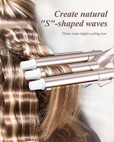 CkeyiN 3 Barrel Hair Waver, Curling Iron with LCD 16 Temperature Control Displays, Professional Ceramic Tourmaline Curling Wand, 22mm Hair Crimpe