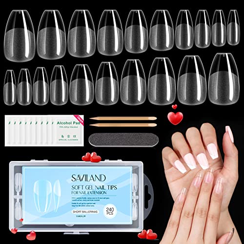Saviland Soft Gel Full Cover Nail Tips - 240PCS Medium Almond nail tips Shape Gel x Nails Kits Fake False Nails Nails Tips No Need to File with N