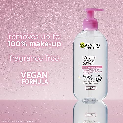 Garnier Micellar Gel Face Wash For Sensitive Skin 200ml, Gentle Face Cleanser & Makeup Remover, Recognised By The British Skin Foundation, Rinse-
