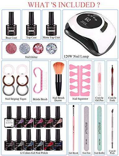 Btiztlla Gel Nail Polish Kit with 120W LED Light, 12 Colors White Nude Glitter Gel Nail Polish Set, UV LED Nail Lamp, No Wipe Base Top Coat, Mani